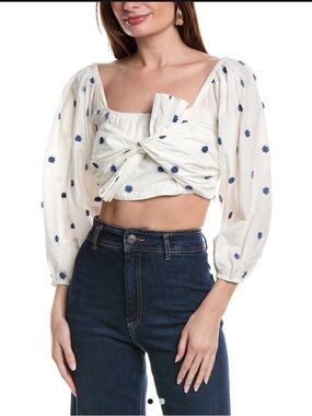 Farm Rio Blue Floral Crop Top XL White Tropical Boho Resort Coastal Summer